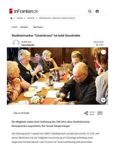 Stadtsteinacher Liederkranz<br>ist bald Geschichte
